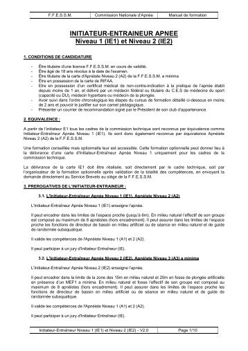 INITIATEUR-ENTRAINEUR APNEE Niveau 1 (IE1) et Niveau 2 (IE2)