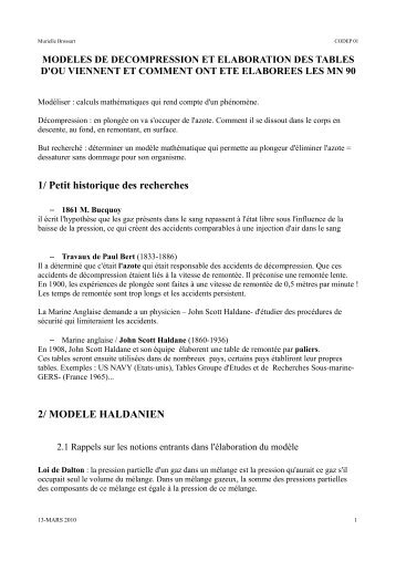 1/ Petit historique des recherches 2/ MODELE HALDANIEN - ffessm