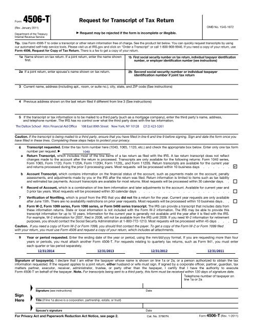 Form 4506-T (Rev. January 2011) - The Dalton School