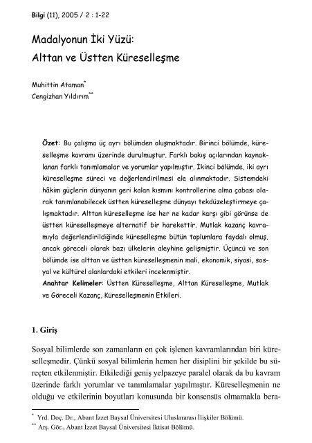 kÃ¼reselleÅme ve Ã¼lkelere etkisi - BÄ°LGÄ° DERGÄ° | Sosyal Bilimler Dergisi