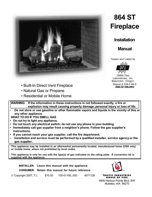 864 ST Fireplace Installation Manual - Lopi