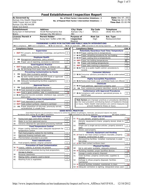 Meat Inspection Report Sample Food Establishment Inspection Report Page 1 of 5 12/10/2012 http ...
