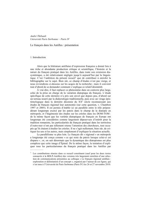 Le franÃ§ais dans les Antilles : prÃ©sentation - AndrÃ© Thibault