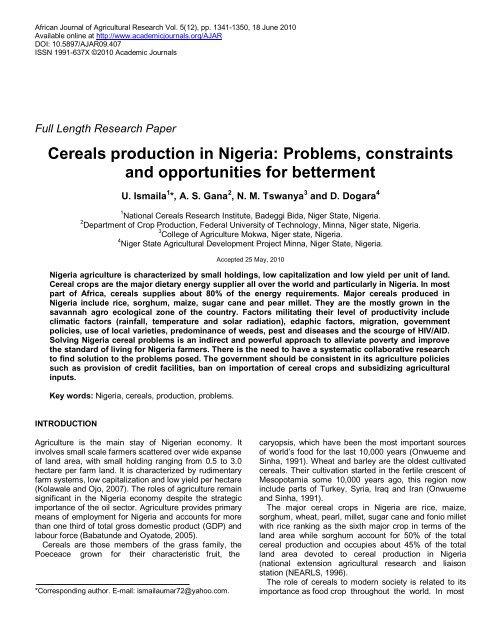 Cereals production in Nigeria: Problems, constraints and ...