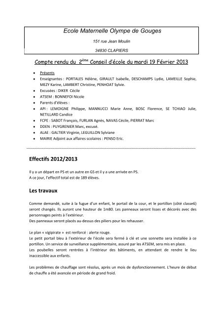 Ecole Maternelle Olympe de Gouges Effectifs 2012/2013 Les travaux