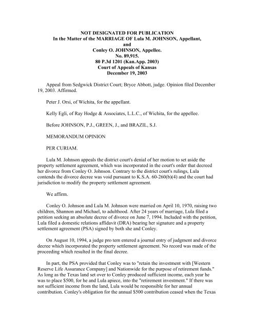 Not Designated For Publication In The Kansas Divorce