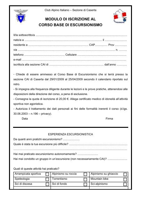 modulo di iscrizione al corso base di escursionismo - Club Alpino ...