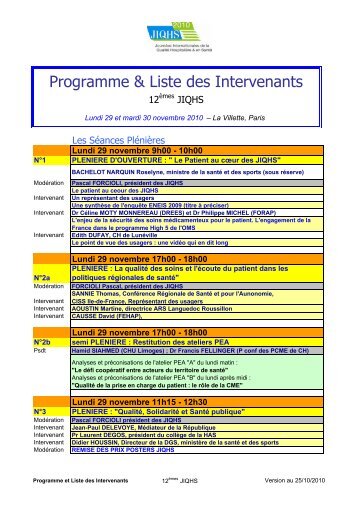 Programme & Liste des Intervenants - JIQHS