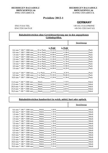 Preisliste 2012-1 GERMANY - Modellbau Heerdegen - Balsaholz