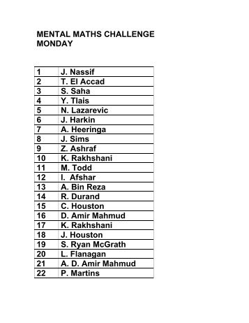 MENTAL MATHS CHALLENGE MONDAY 1 J ... - Horizon School