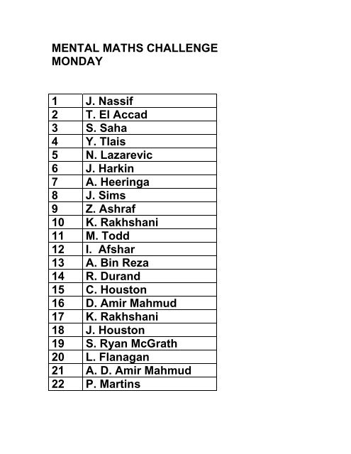 MENTAL MATHS CHALLENGE MONDAY 1 J ... - Horizon School