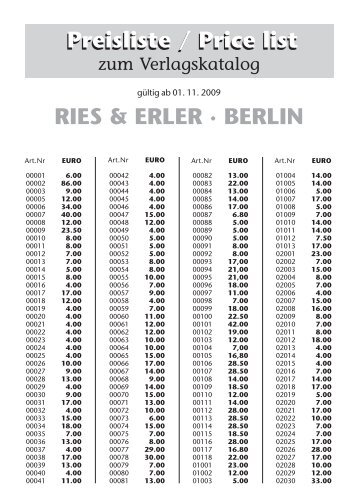 Preisliste / Price list Preisliste / Price list RIES & ERLER · BERLIN