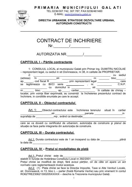 CONTRACT DE INCHIRIERE - Primaria Municipiului Galati