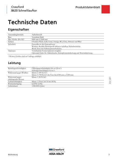 Crawford 8620 Schnelllauftor Produktdatenblatt - Crawford hafa GmbH