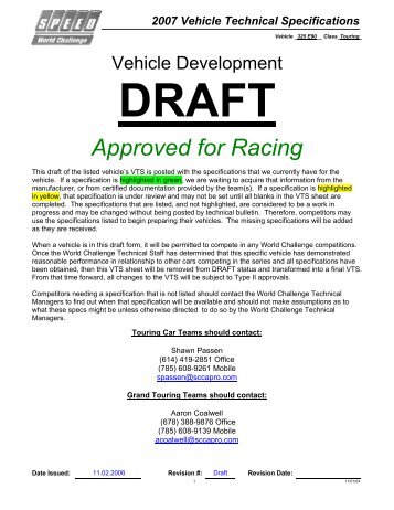 2007 Vehicle Technical Specifications - SCCA Pro Racing