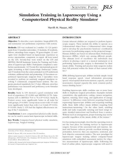 Simulation Training in Laparoscopy Using a ... - BioMedSearch