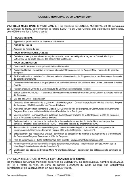 CONSEIL MUNICIPAL DU 27 JANVIER 2011 L'AN DEUX ... - Bergerac