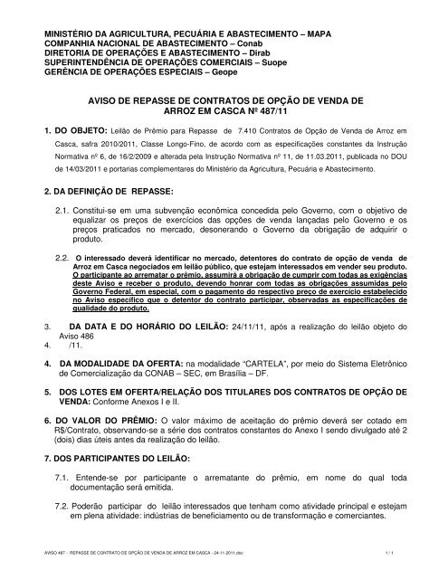 aviso de repasse de contratos de opção de venda de arroz em ...