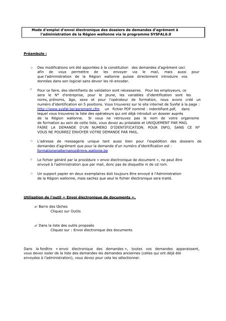 Mode d'emploi d'envoi Ã©lectronique des dossiers de ... - Sysfal