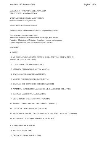 Pagina 1 di 24 Notiziario - 12 dicembre 2009 - Accademia Fiorentina