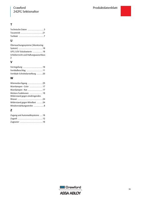 Crawford 242FG Sektionaltor Produktdatenblatt - Crawford hafa GmbH