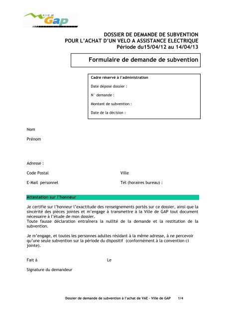 Dossier demande subvention VAE - Ville GAP- 03.05.12 - Ville de Gap