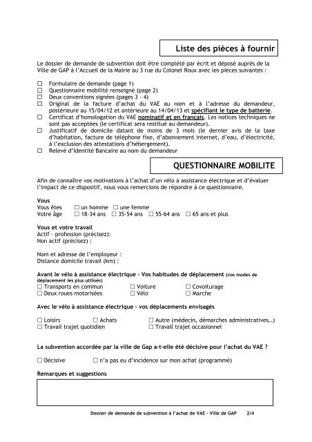 Dossier demande subvention VAE - Ville GAP- 03.05.12 - Ville de Gap