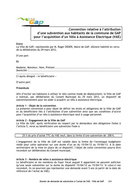 Dossier demande subvention VAE - Ville GAP- 03.05.12 - Ville de Gap