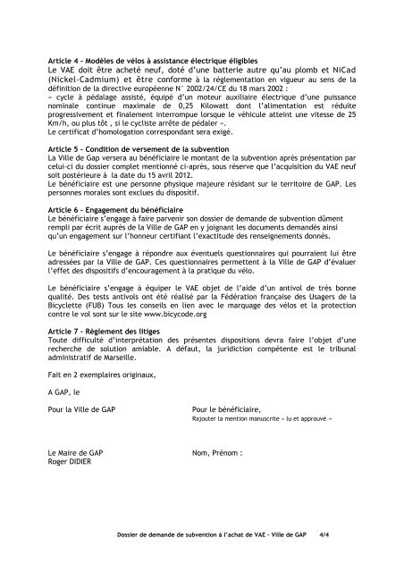 Dossier demande subvention VAE - Ville GAP- 03.05.12 - Ville de Gap