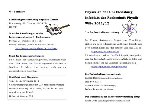 Physik an der Uni Flensburg Infoblatt der Fachschaft Physik WiSe ...
