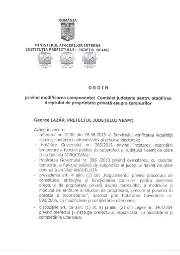 Ordinul prefectului nr. 213 din 26.06.2013 pentru ... - Prefectura Neamt