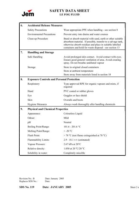 Jem Le Fog smoke fluid canister Safety Data Sheet - Point Source ...