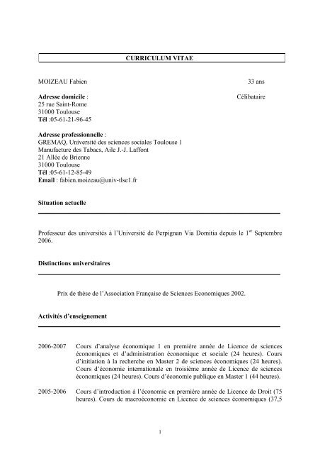 CURRICULUM VITAE MOIZEAU Fabien 33 ans Adresse domicile ...