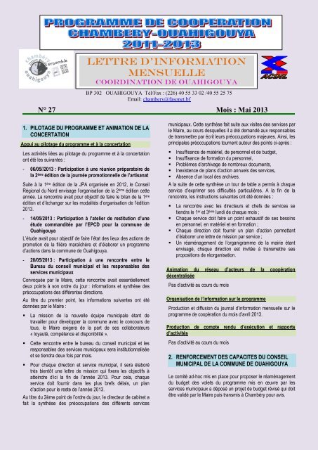 LETTRE D'INFORMATION mensuelle - Chambéry-Ouahigouya