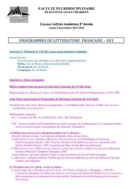 PROGRAMME ENSEIGNEMENTS 3Ã¨me annÃ©e de Licence Lettres ...