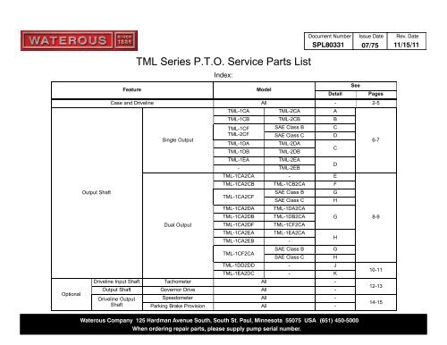 TML Series P.T.O. Service Parts List - Waterous