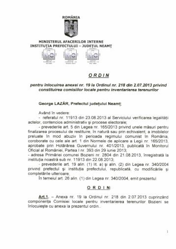 Ordinul Prefectului nr. 294 din 12.09.2013 pentru ... - Prefectura Neamt