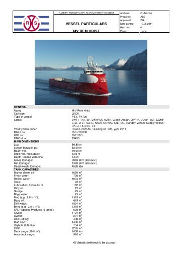 VESSEL PARTICULARS MV REM HRIST - Remøy Shipping AS