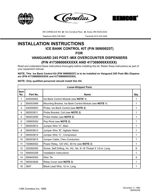 INSTALLATION INSTRUCTIONS - IMI Cornelius