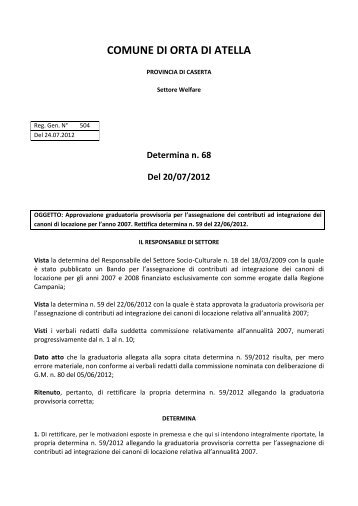 Determina n. 68 Del 20/07/2012 - Comune di Orta di Atella