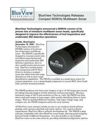 BlueView Technologies Releases Compact 900KHz Multibeam Sonar
