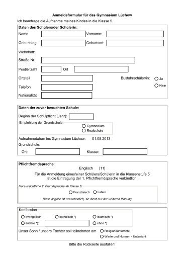 Anmeldeformular fÃ¼r das Gymnasium LÃ¼chow Ich beantrage die ...