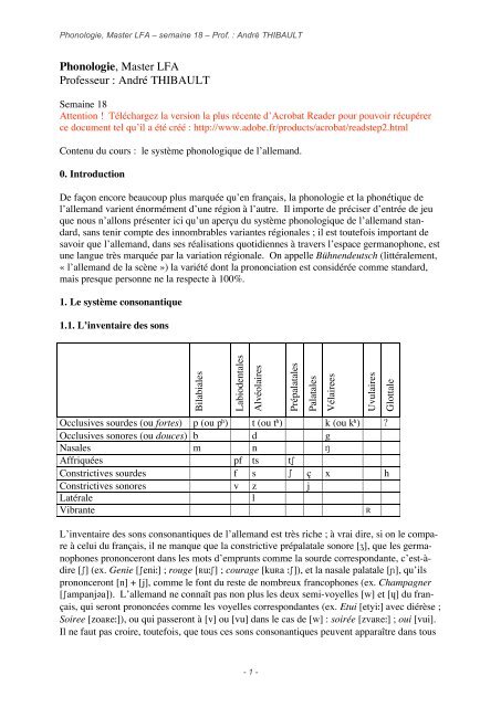 Phonologie, Master LFA Professeur : AndrÃ© THIBAULT