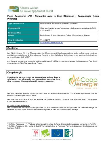 Contexte Coopénergie - Réseau wallon de Développement rural