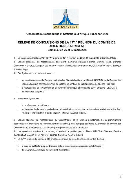 RELEVÃ DE CONCLUSIONS DE LA 17Ã¨me RÃUNION DU ... - Afristat