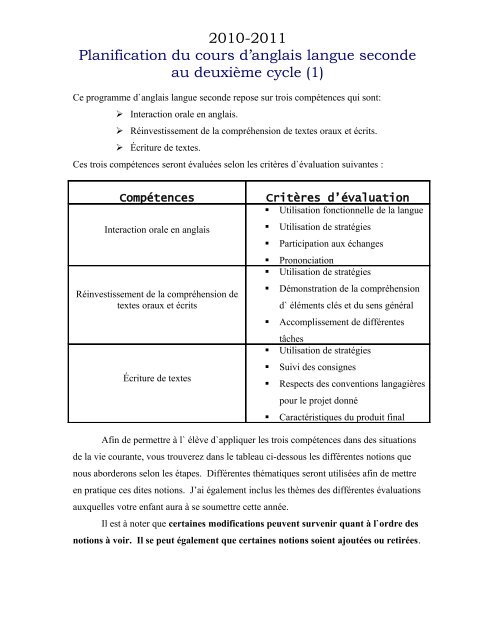 Planification du cours d`anglais langue seconde au deuxième cycle 1