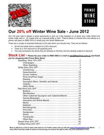 Our 20% off Winter Wine Sale - June 2012 - Prince Wine Store