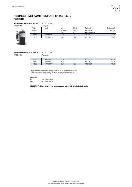 Hinnasto 2013 (PDF 7.4Mt) - Oy Combi Cool Ab