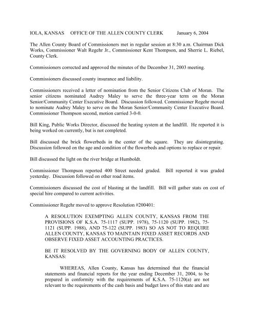 IOLA, KANSAS OFFICE OF THE ALLEN COUNTY CLERK January 6 ... IOLA, KANSAS OFFICE OF THE ALLEN COUNTY CLERK January 6 ...