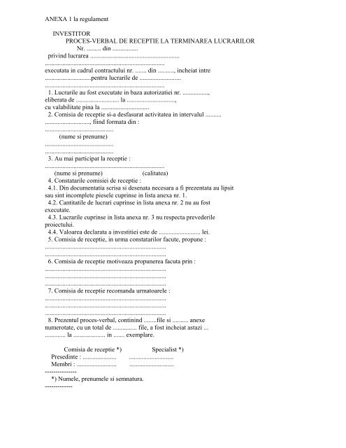 Anexa 1 La Regulament Investitor Proces Verbal De